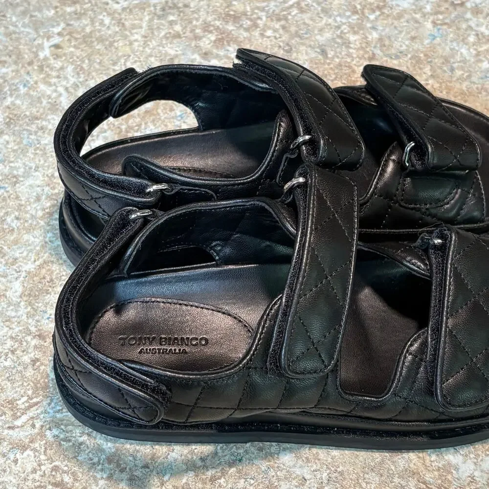Tony Bianco Hiranni Black Sheep Nappa Leather Quilted Dad Sandals Size 38